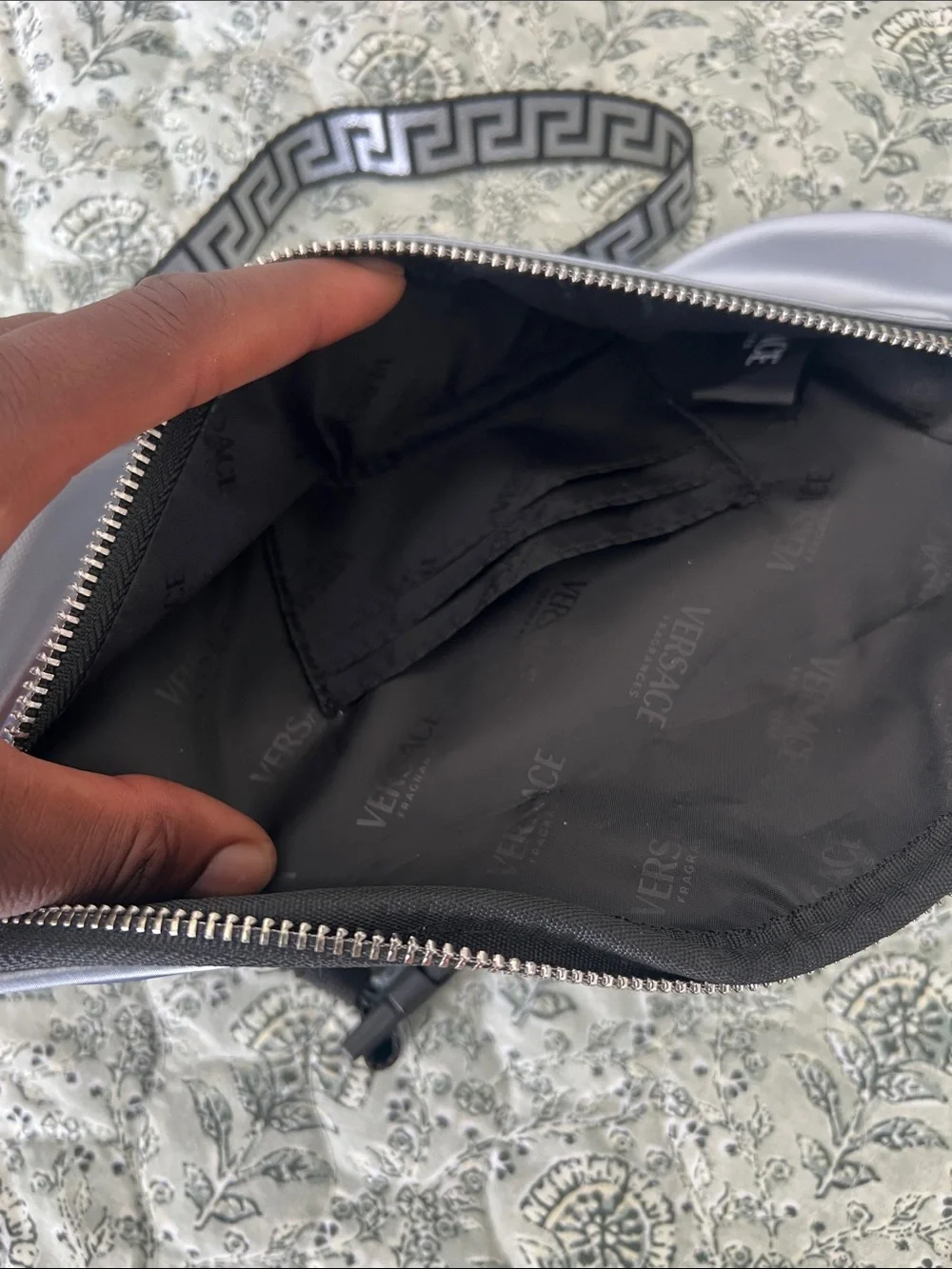 Versace Iridescent Silver Logo Belt Bag with Greek Key Strap